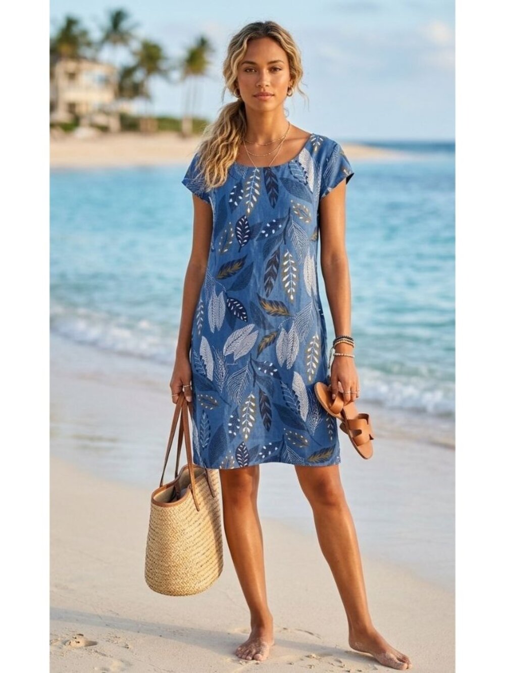 Colette Linen Dress L Made in Italy Pocket Dress Shift Tropical Boho Beach Blue
